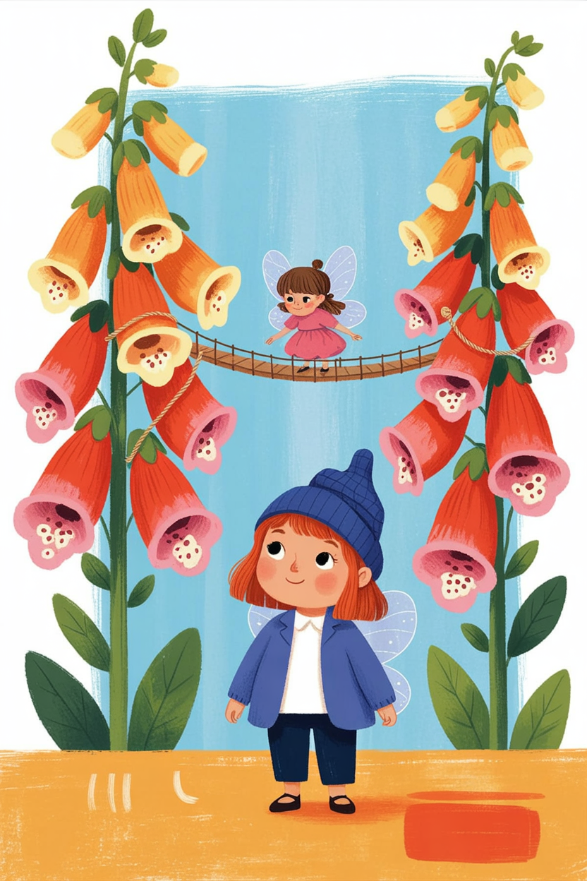 Children's book illustration of a fairy town in foxgloves