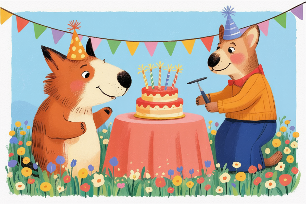 Children's book illustration of a wildflower meadow birthday party