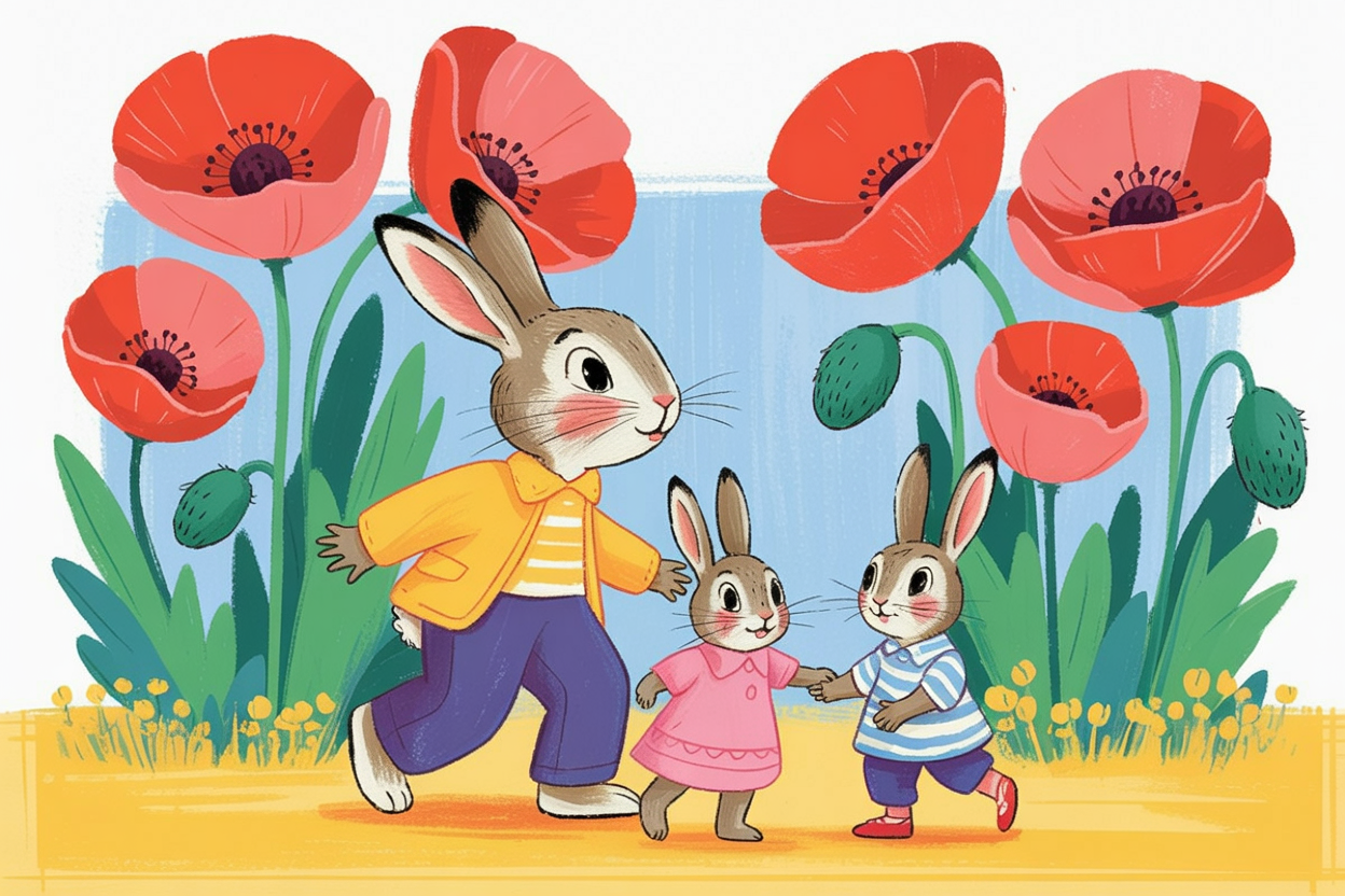 Children's book illustration of rabbits in a poppy field