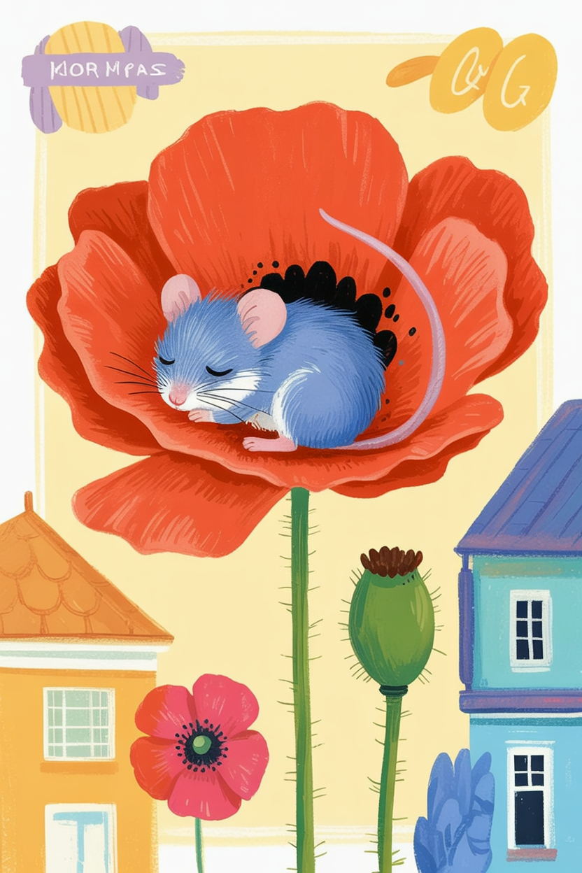 Children's book illustration of a dormouse sleeping in a poppy