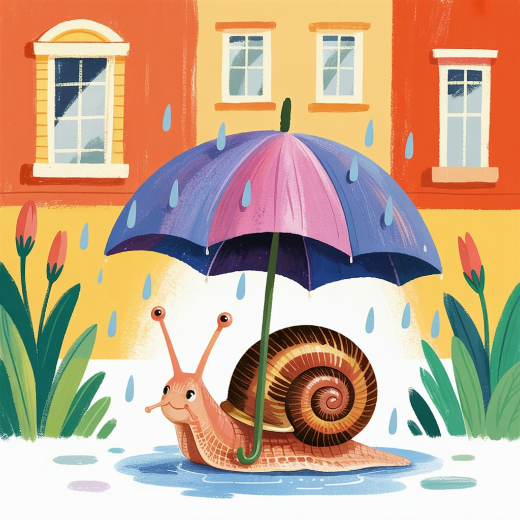 Children's book illustration of a snail under a violet