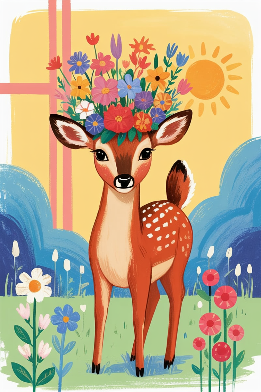 Children's book illustration of a deer with a wildflower crown
