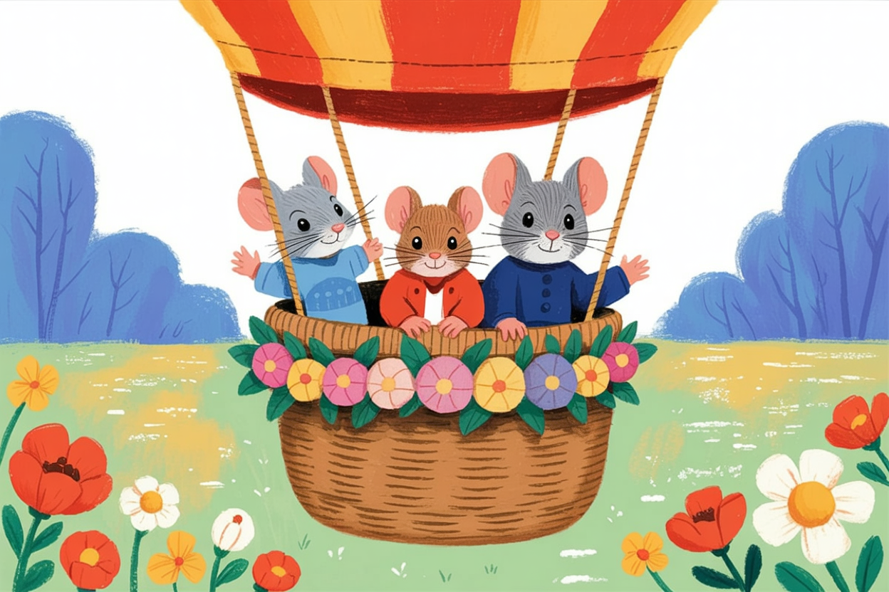 Children's book illustration of mice over a wildflower meadow in a balloon