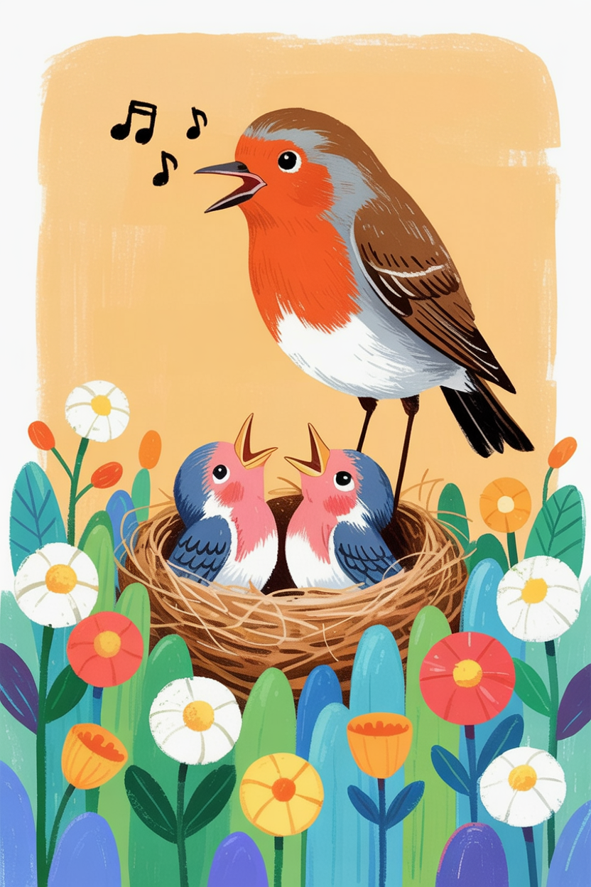 Children's book illustration of birds in a wildflower nest