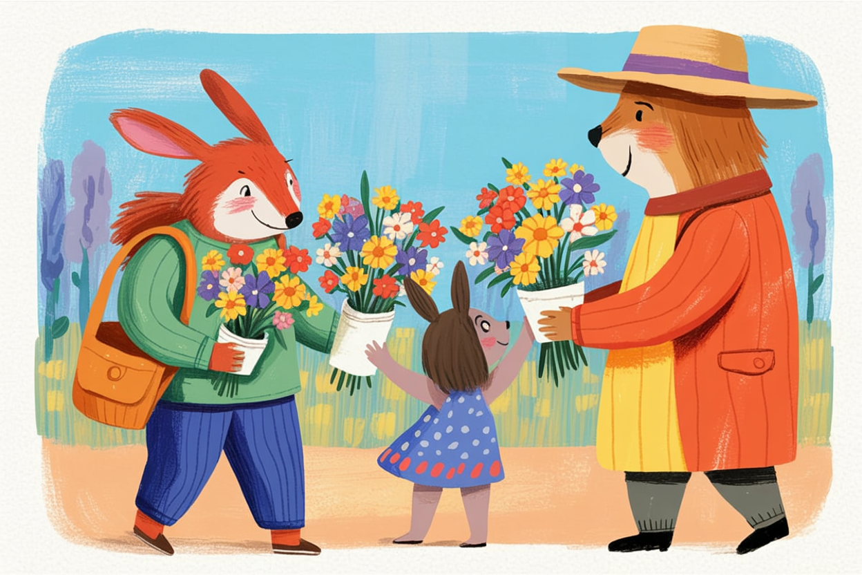 Children's book illustration of a wildflower market