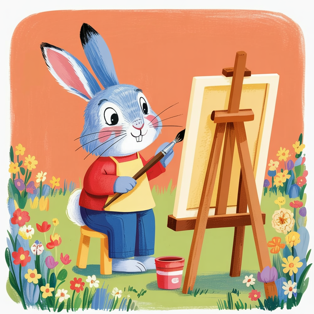 Children's book illustration of a rabbit painting wildflowers