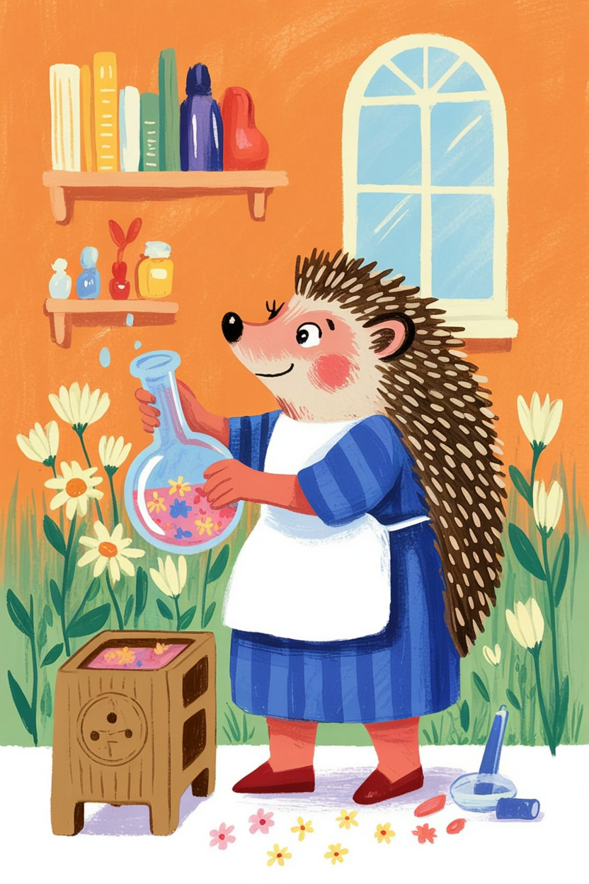 Children's book illustration of a hedgehog making a wildflower potion