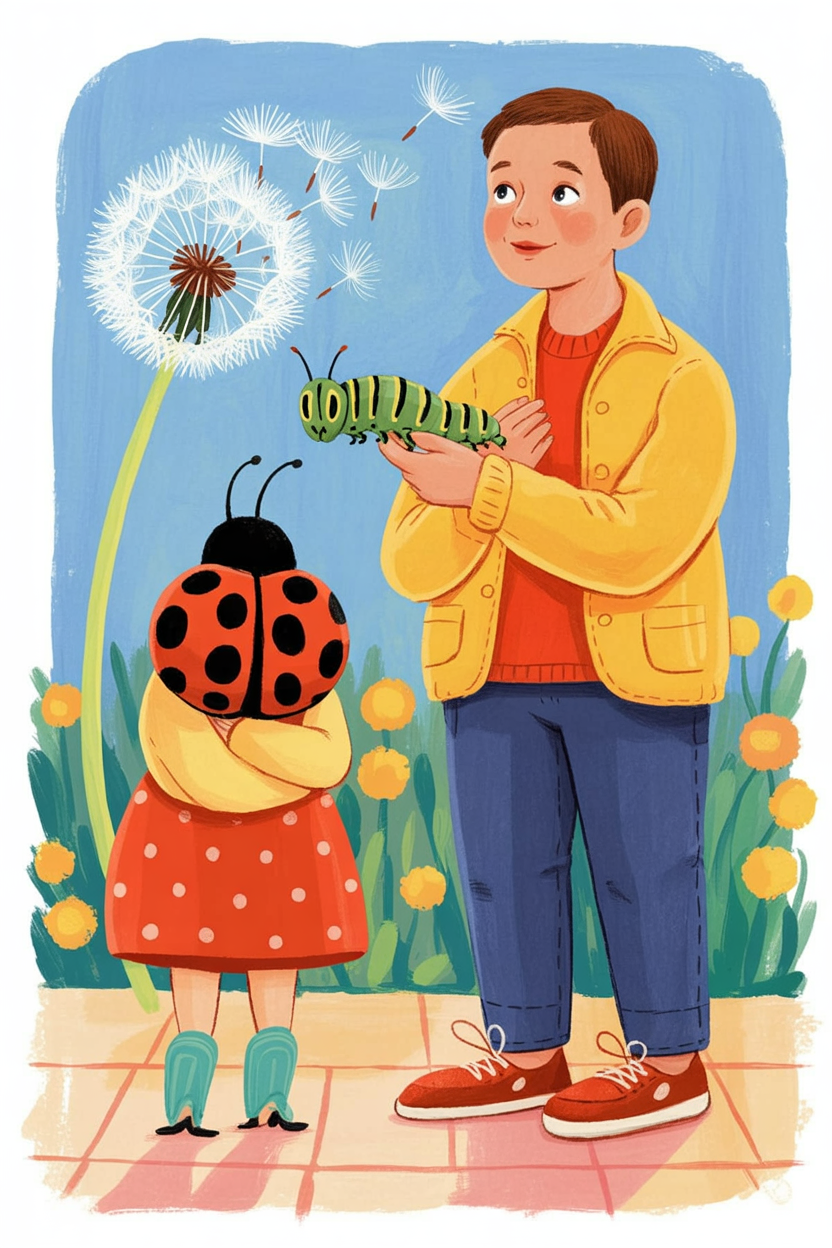 Children's book illustration of wildflower seeds blowing away