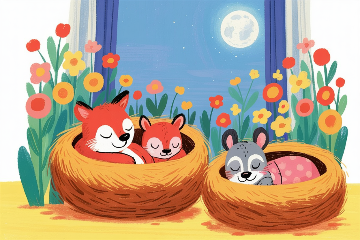 Children's book illustration of animals sleeping in wildflowers