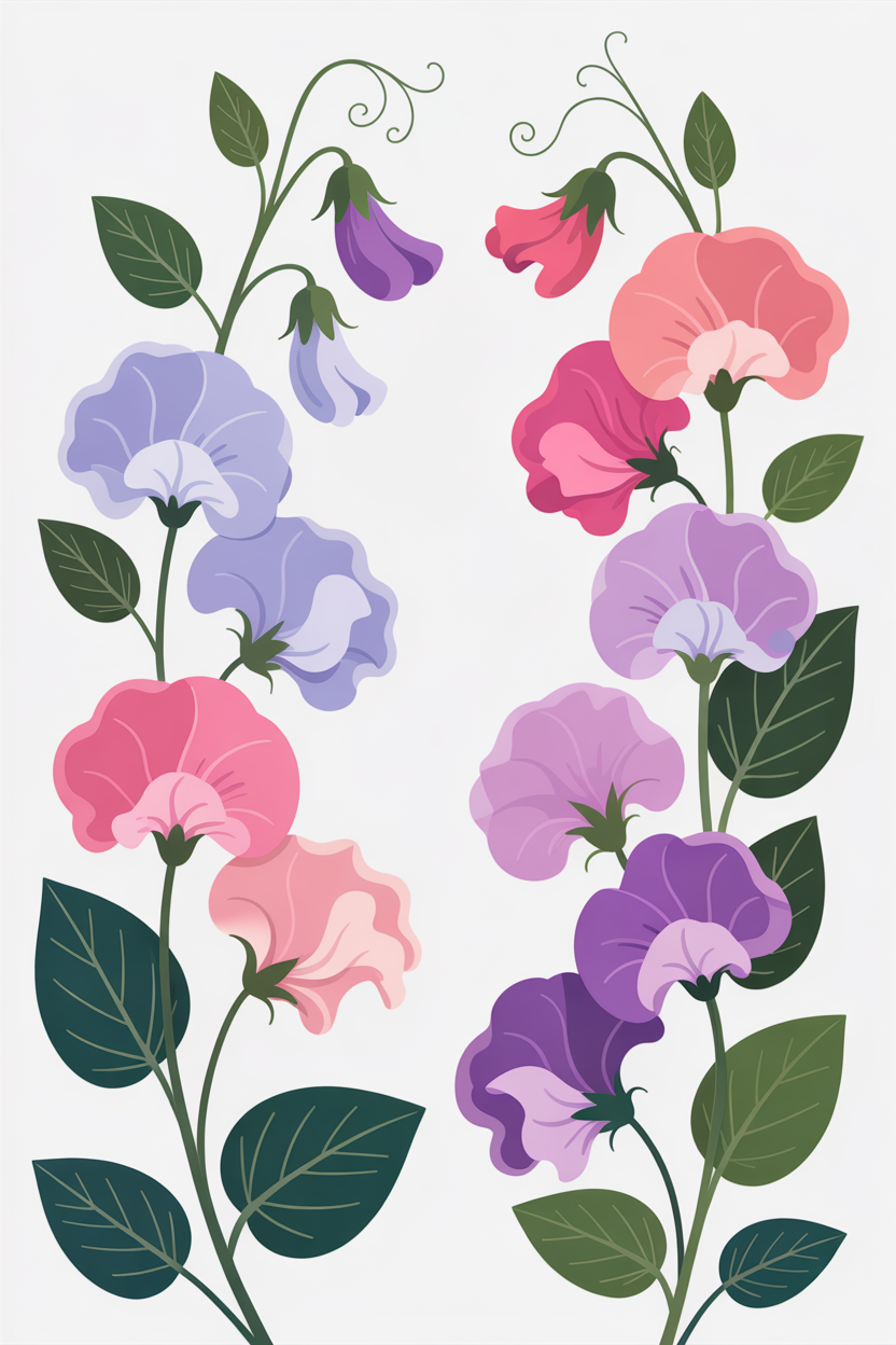 Flat vector illustration of sweet pea flowers