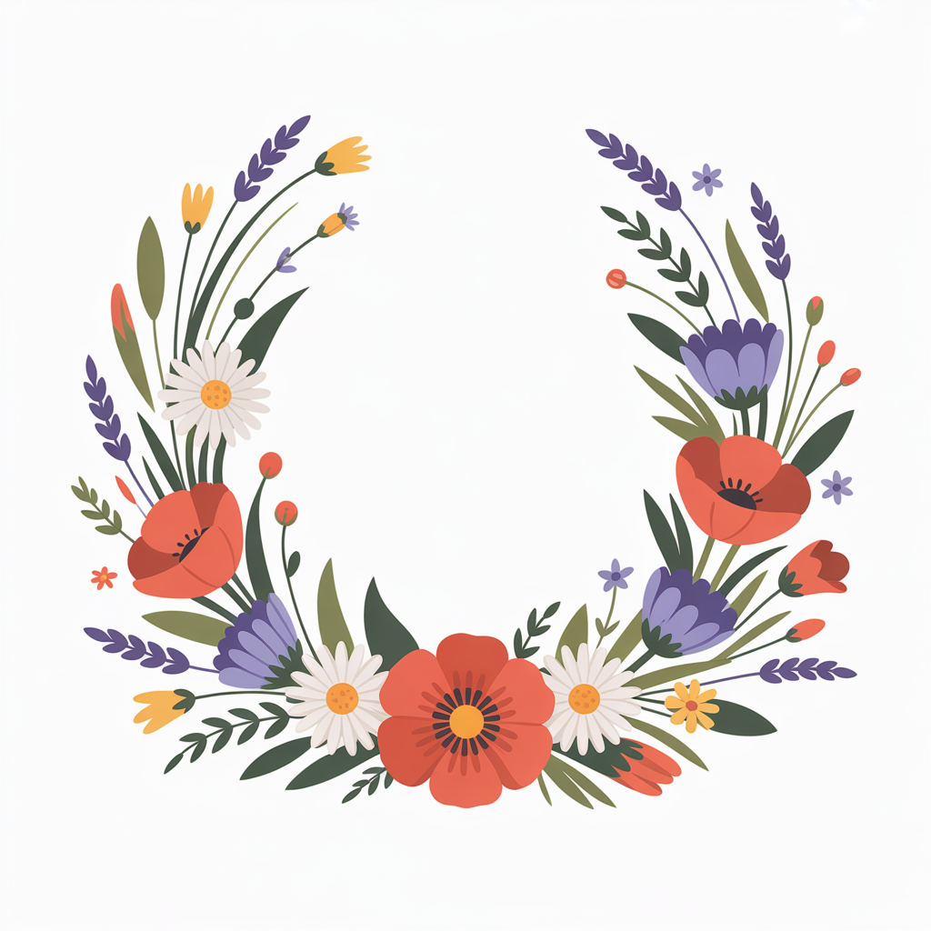 Flat vector illustration of a wildflower wreath