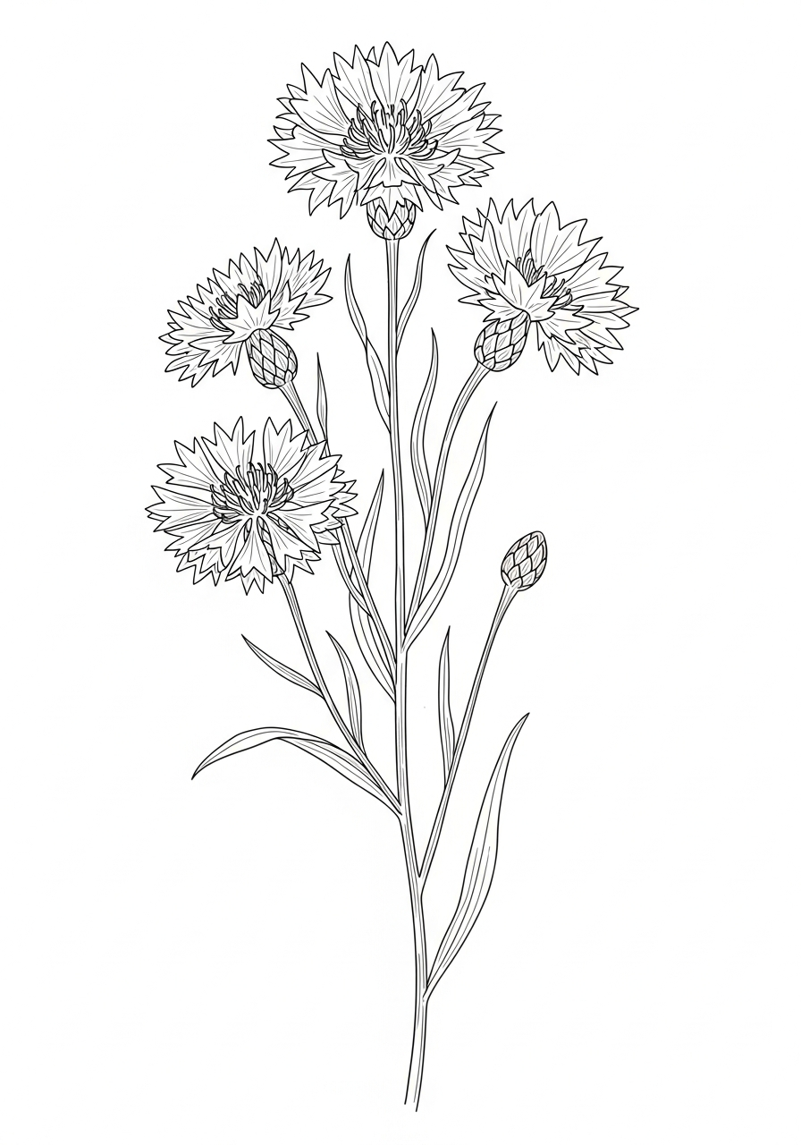 Line art illustration of cornflowers