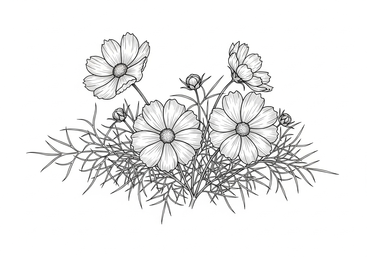 Line art illustration of cosmos flowers