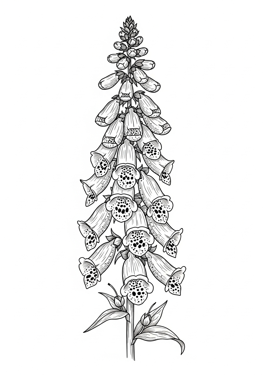 Line art illustration of foxglove flowers