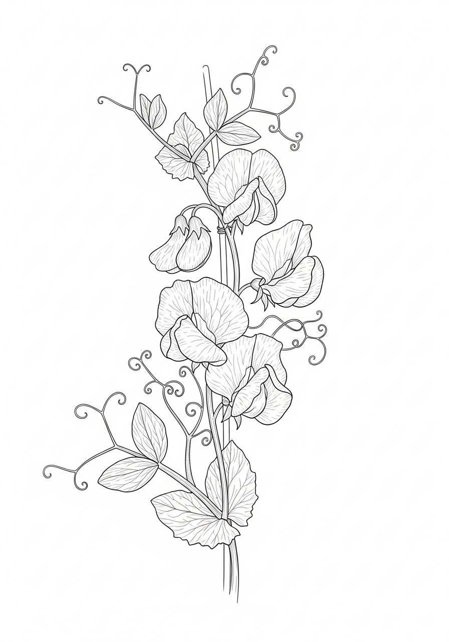 Line art illustration of sweet pea vines