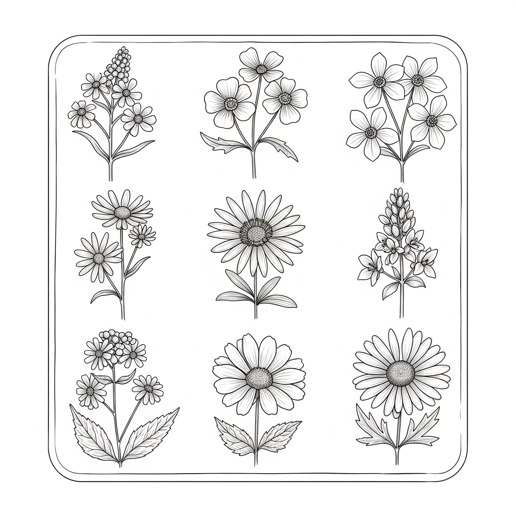 Line art illustration of a wildflower collection