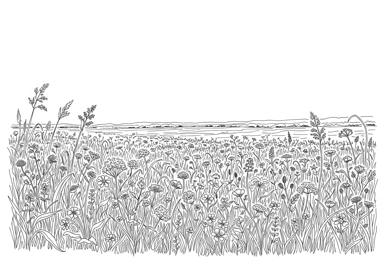 Line art illustration of a wildflower meadow