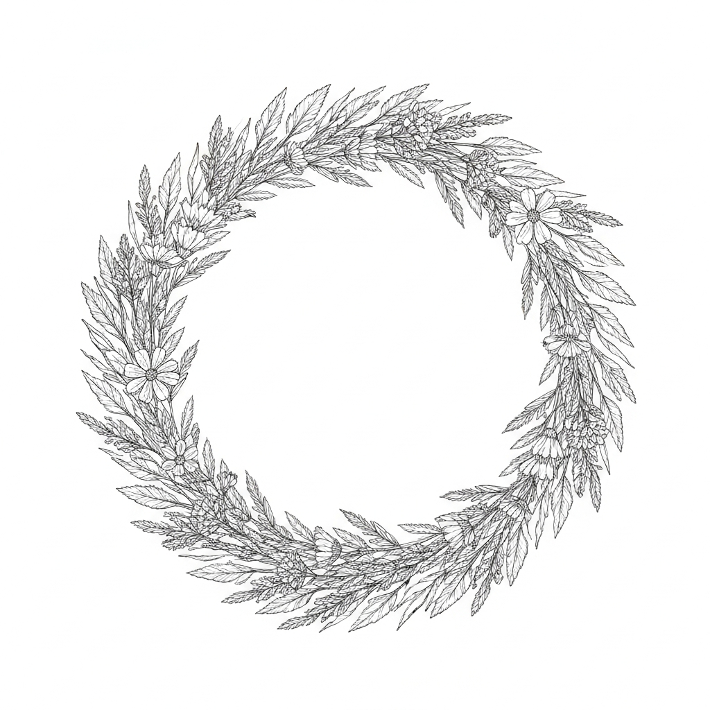 Line art illustration of a wildflower wreath