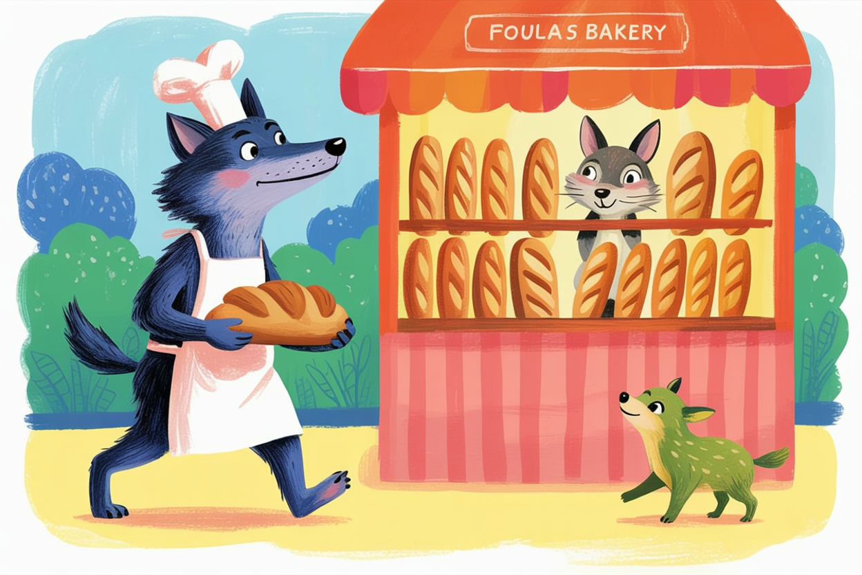 Children's book illustration of a wolf running a bakery
