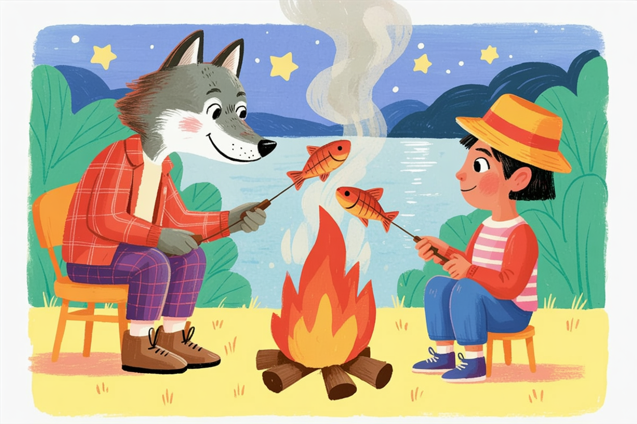 Children's book illustration of a wolf family camping