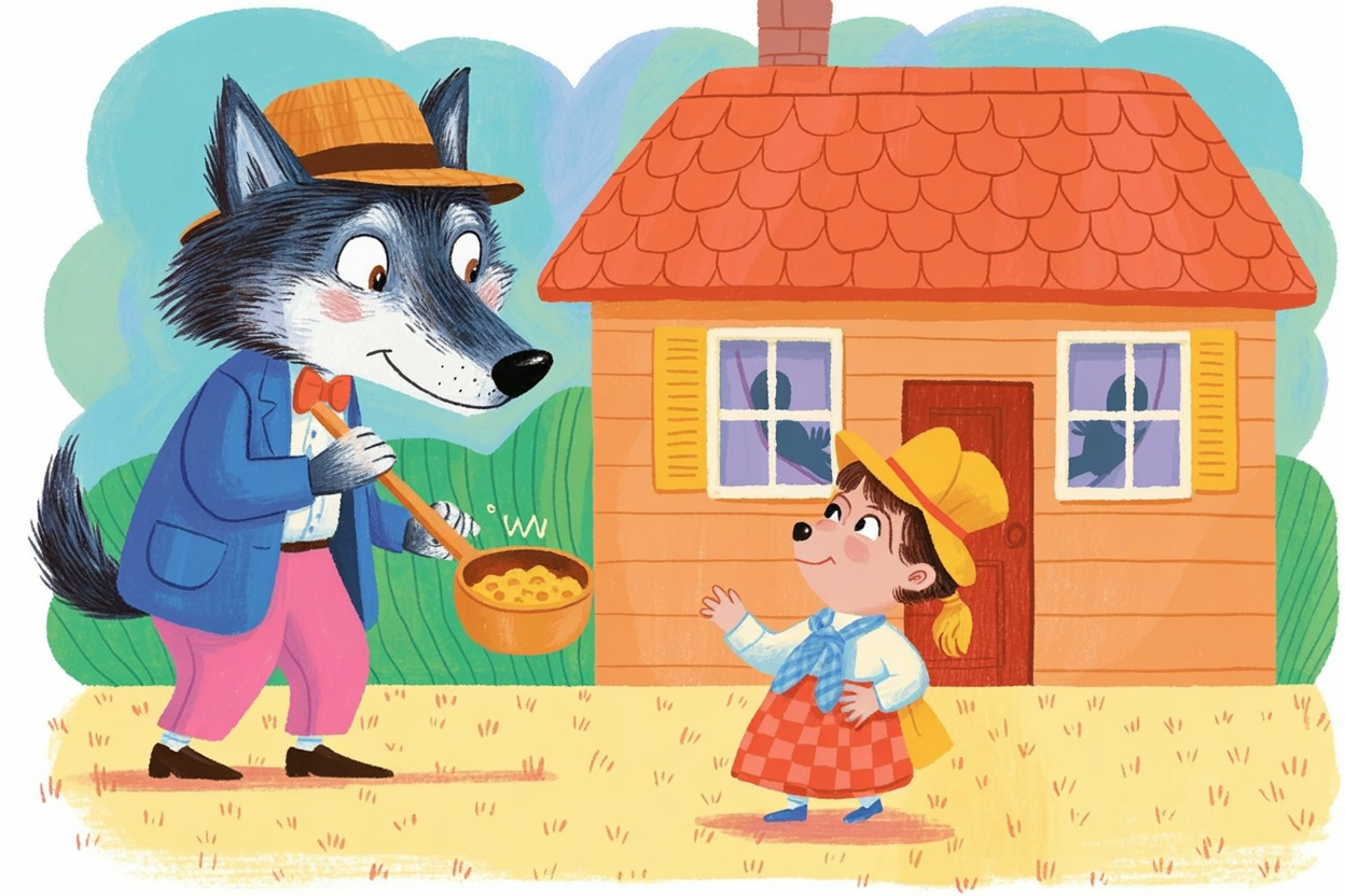Children's book illustration of a wolf detective