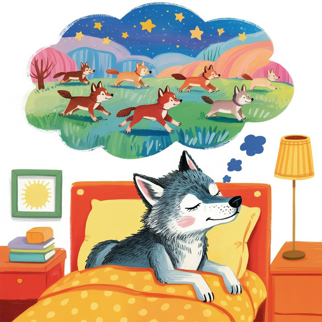 Children's book illustration of a wolf dreaming