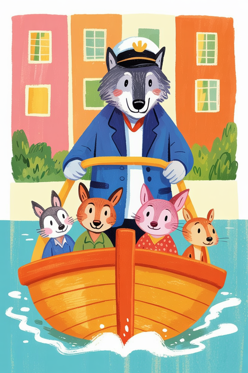 Children's book illustration of a wolf ferry captain