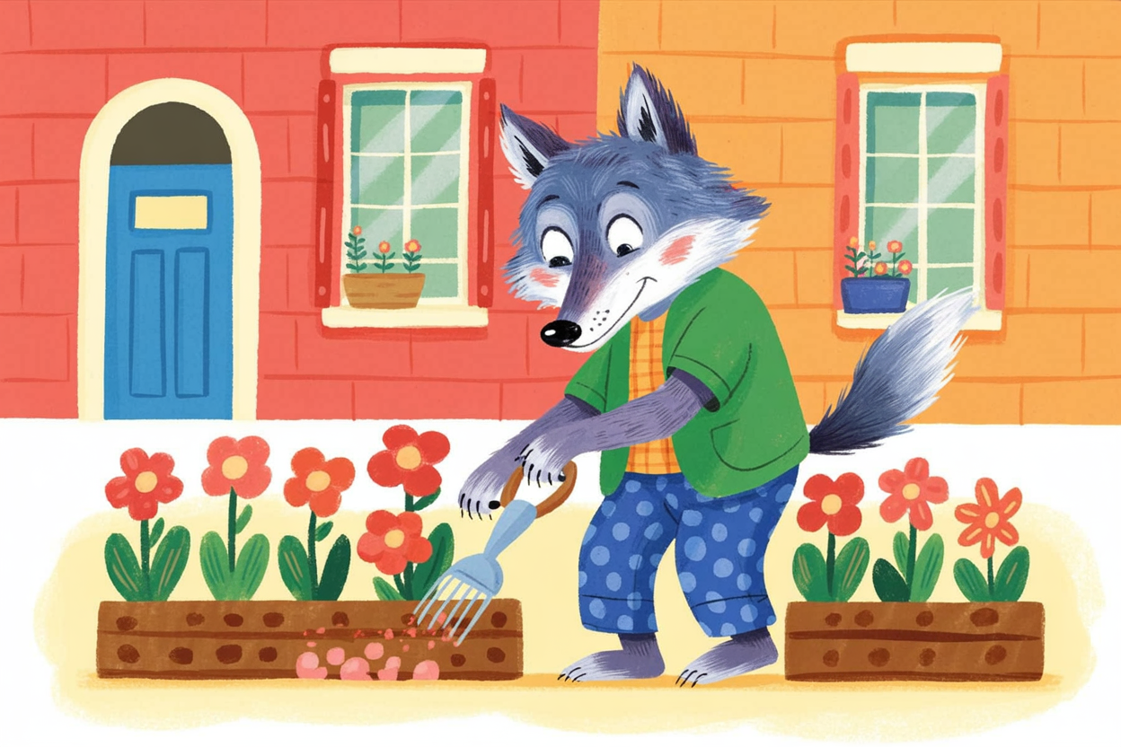 Children's book illustration of a wolf tending a garden