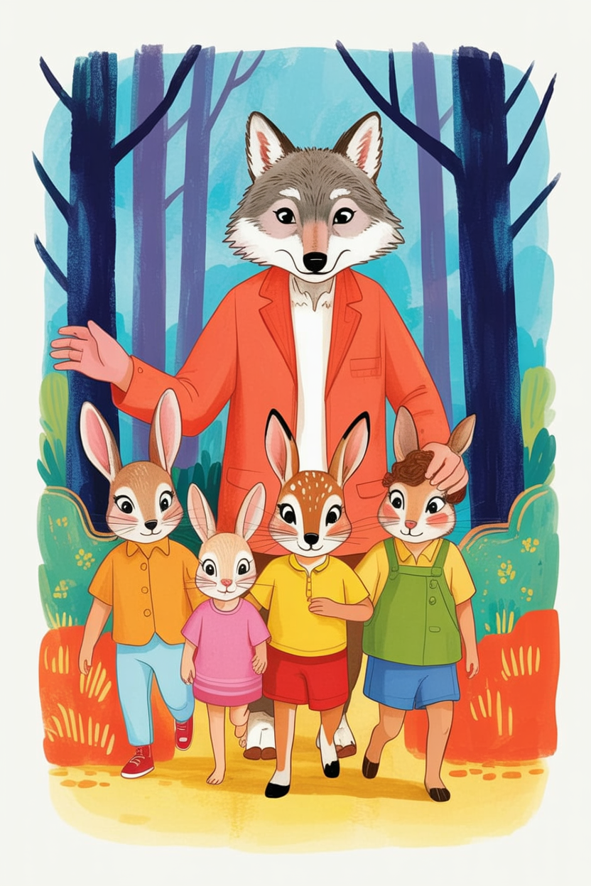 Children's book illustration of a wolf guiding young animals