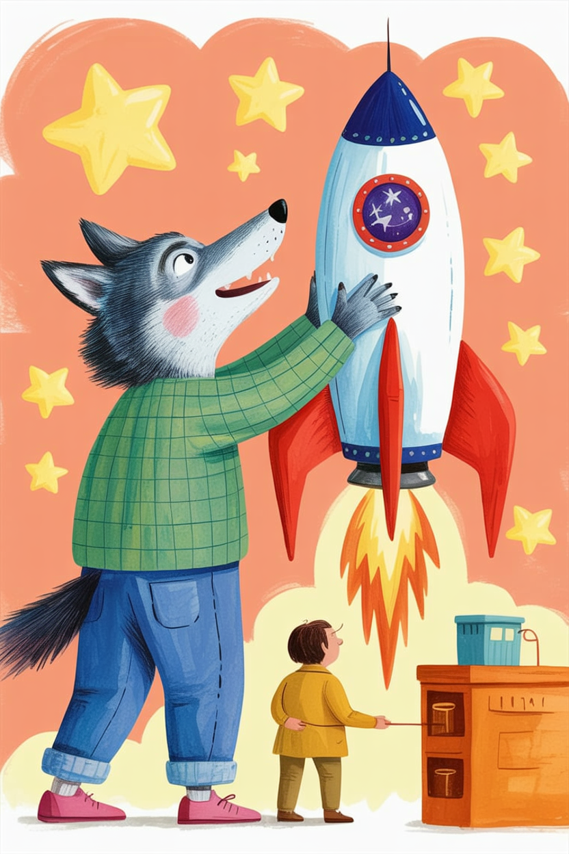 Children's book illustration of a wolf inventor building a rocket