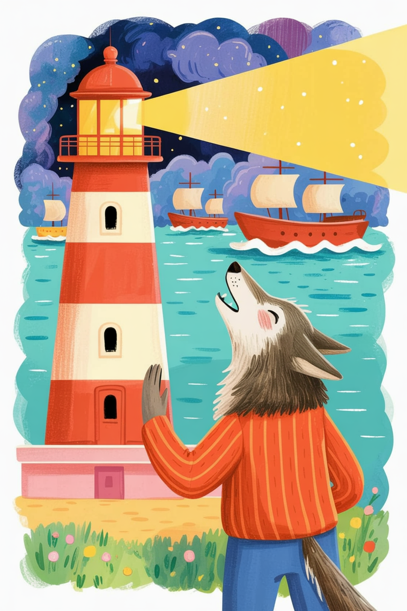 Children's book illustration of a wolf lighthouse keeper
