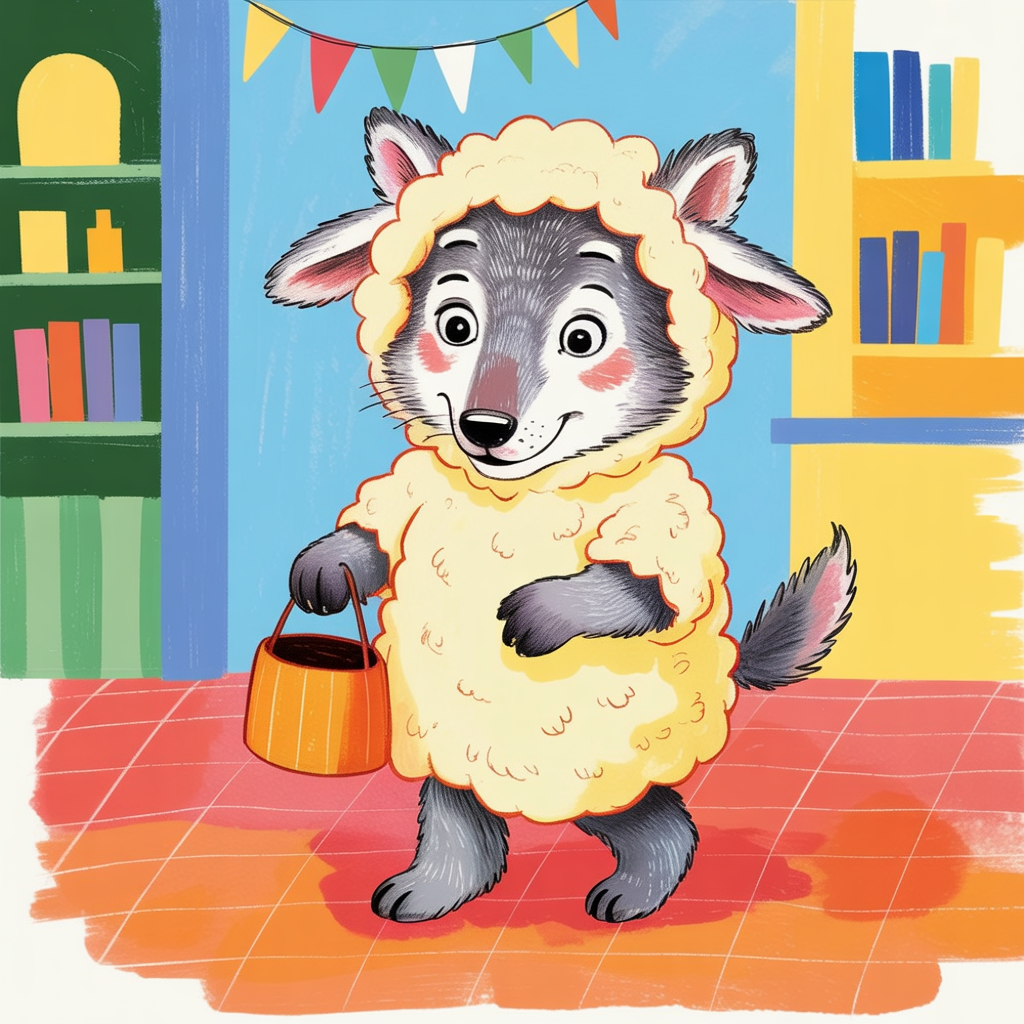 Children's book illustration of a wolf in a sheep costume
