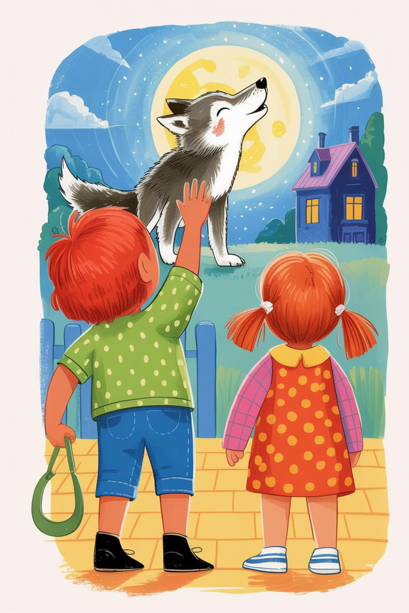 Children's book illustration of a wolf howling at the moon