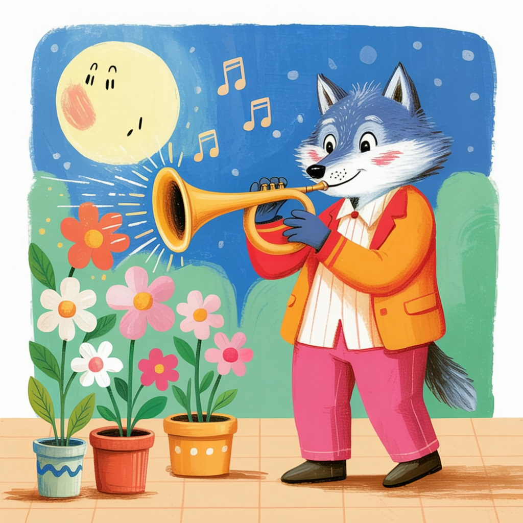 Children's book illustration of a wolf playing a horn