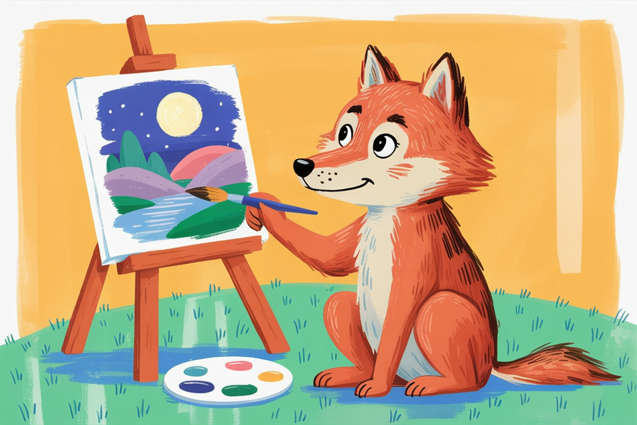 Children's book illustration of a wolf painting a moonrise