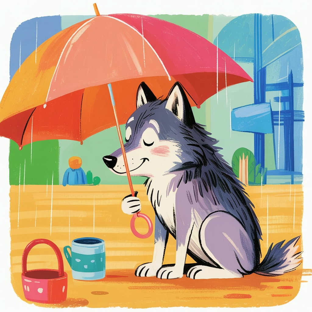 Children's book illustration of a wolf in the rain