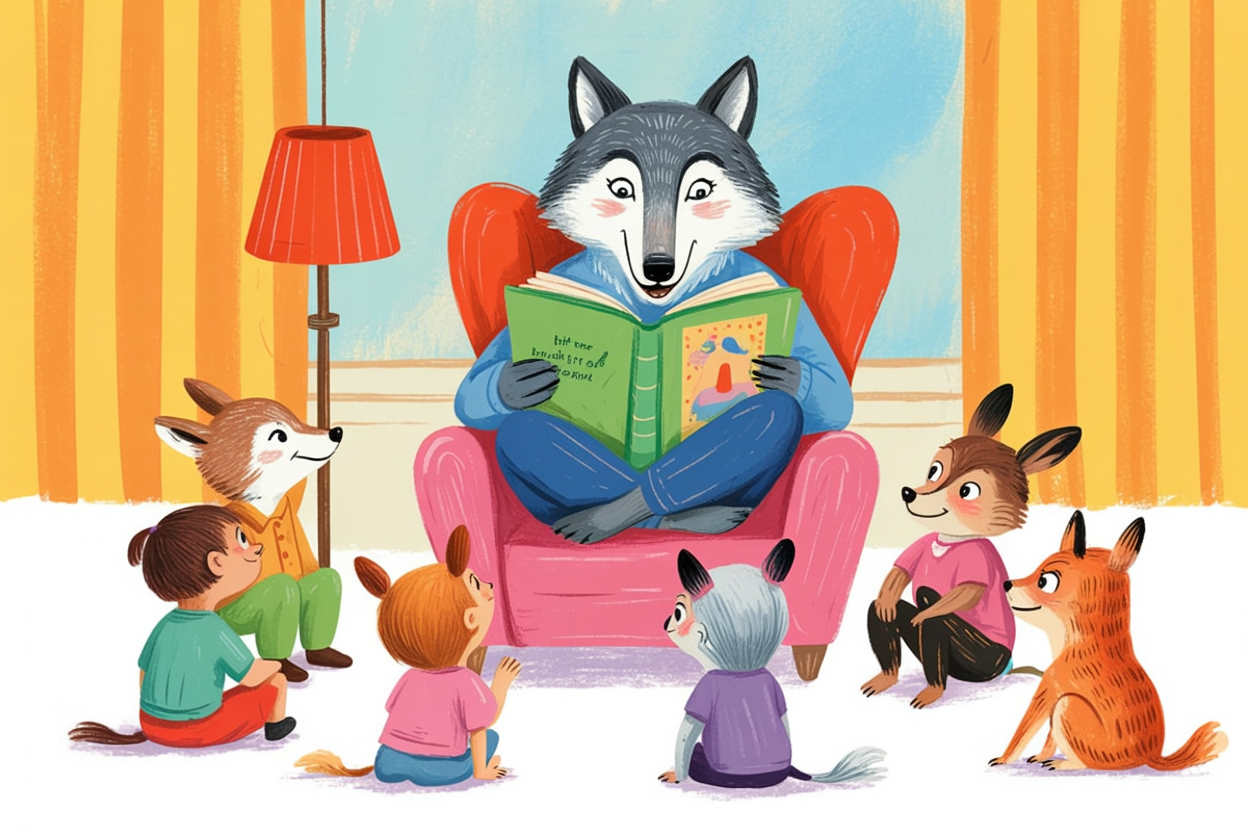 Children's book illustration of a wolf reading to animals