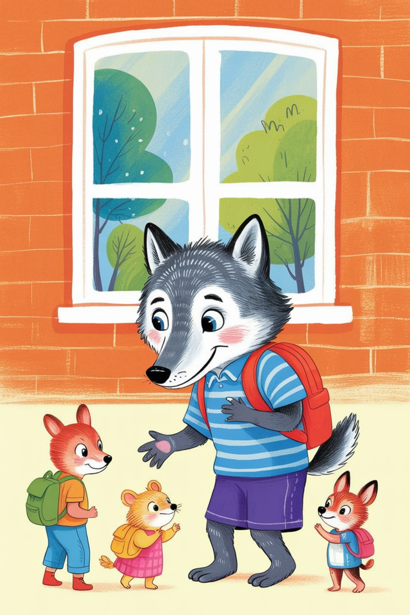Children's book illustration of a wolf on its first day of school