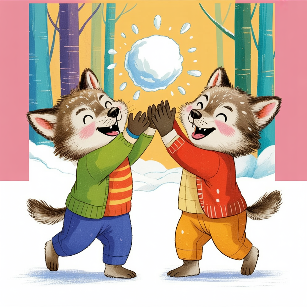 Children's book illustration of wolf cubs in a snowball fight