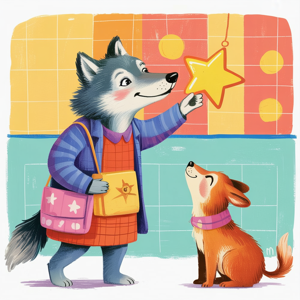 Children's book illustration of a wolf giving a star to a friend