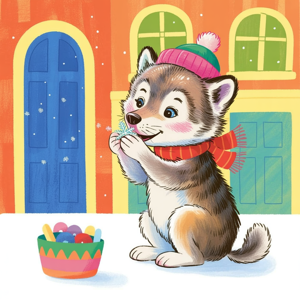Children's book illustration of a wolf cub tasting snow