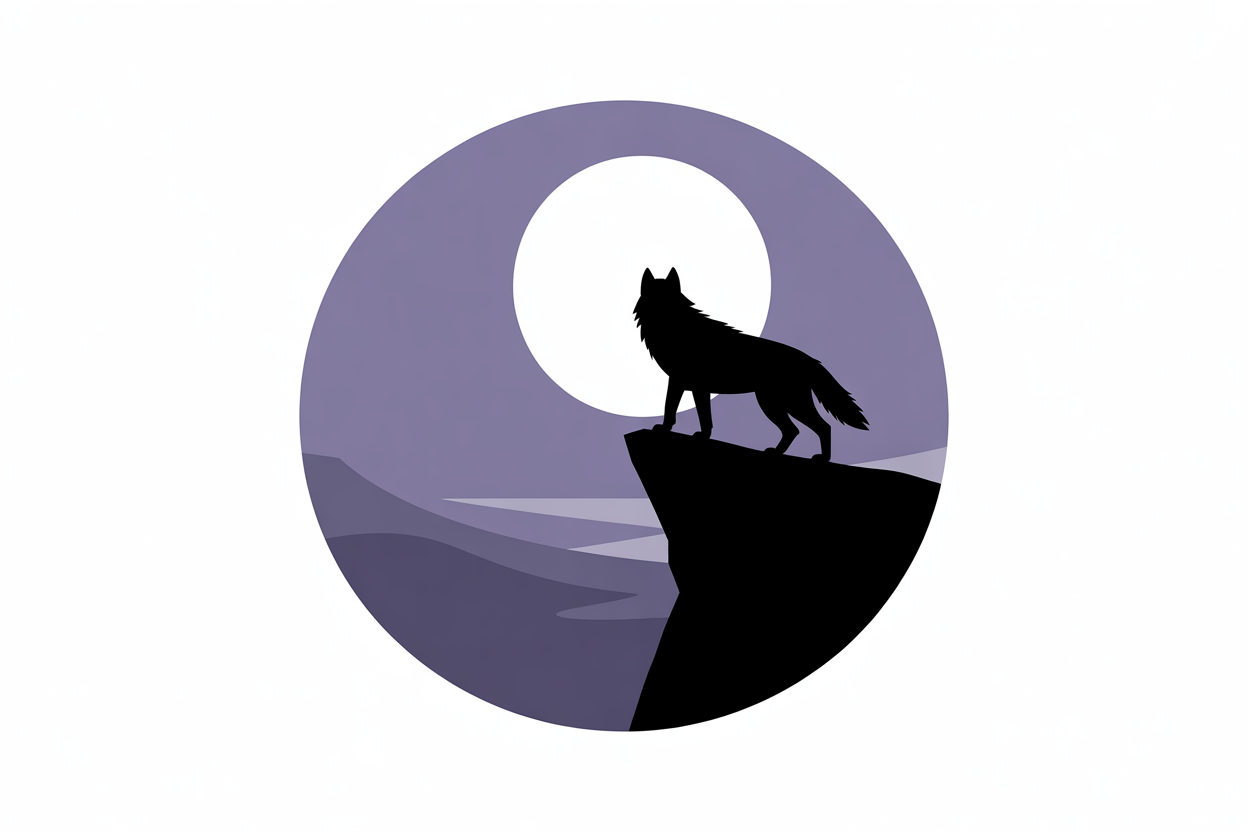 Flat vector illustration of a wolf howling on a cliff at moonrise