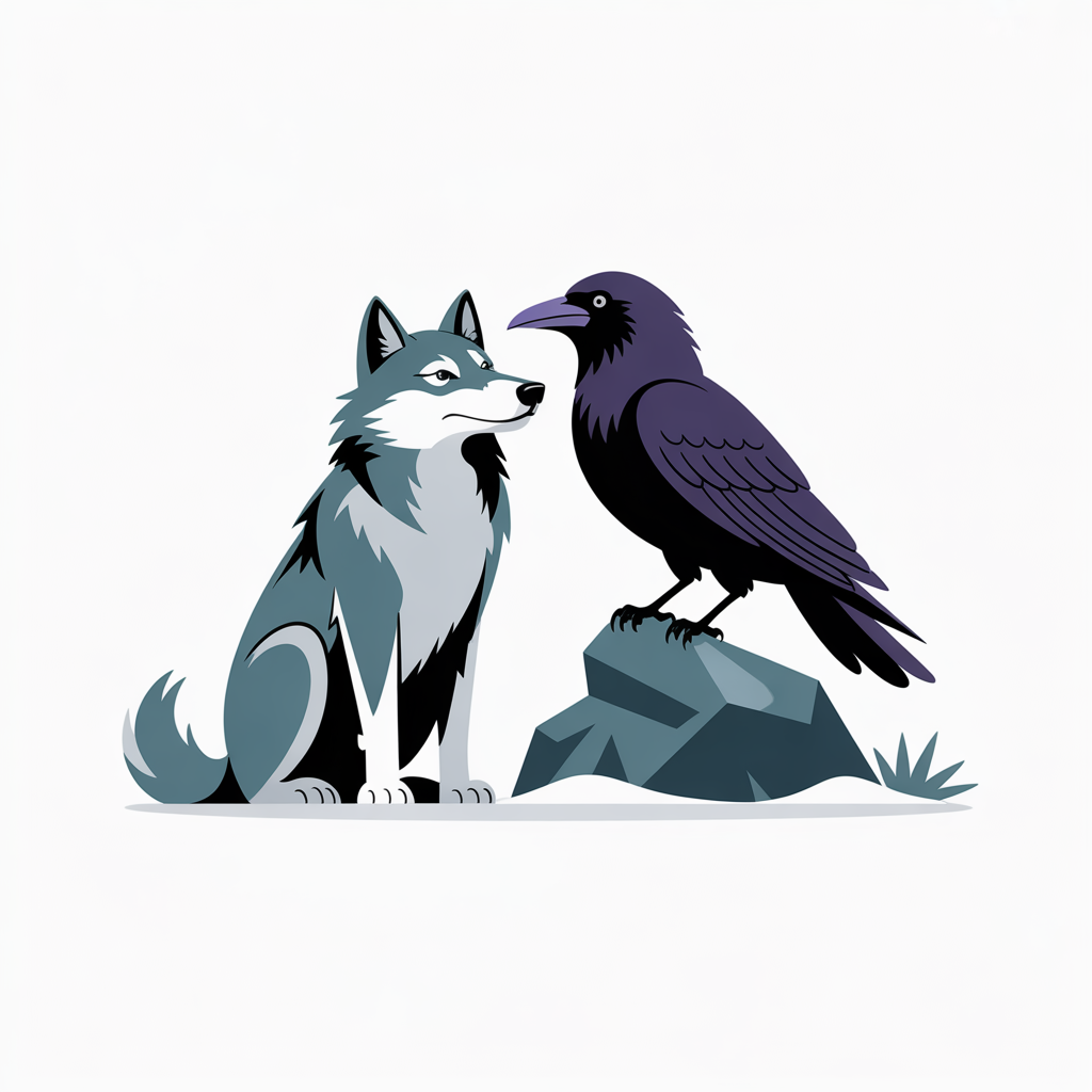 Flat vector illustration of a wolf and a raven