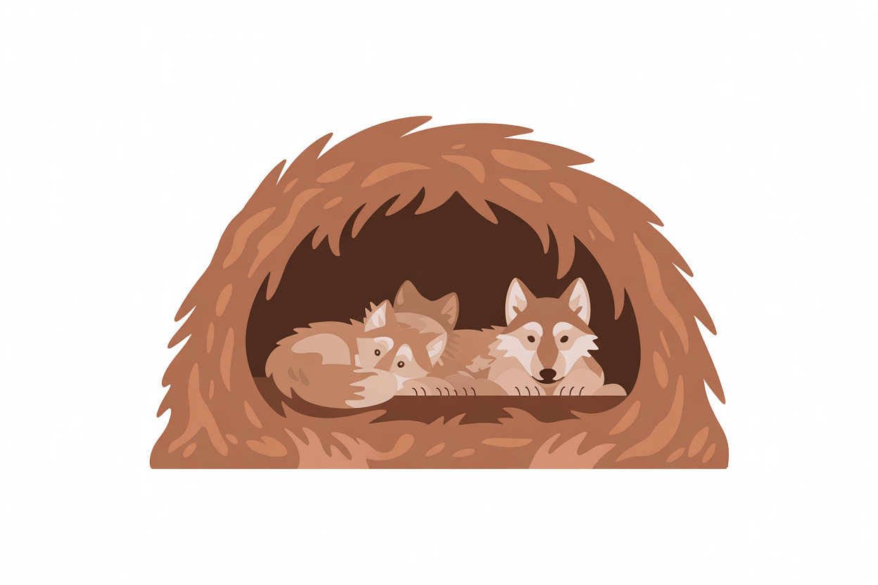 Flat vector illustration of a wolf den with pups