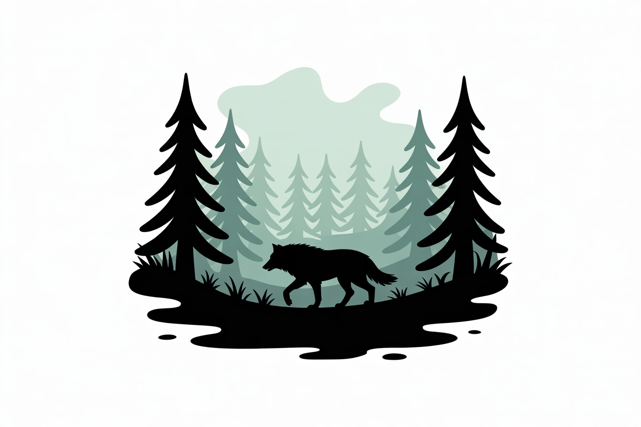 Flat vector illustration of a wolf in a forest