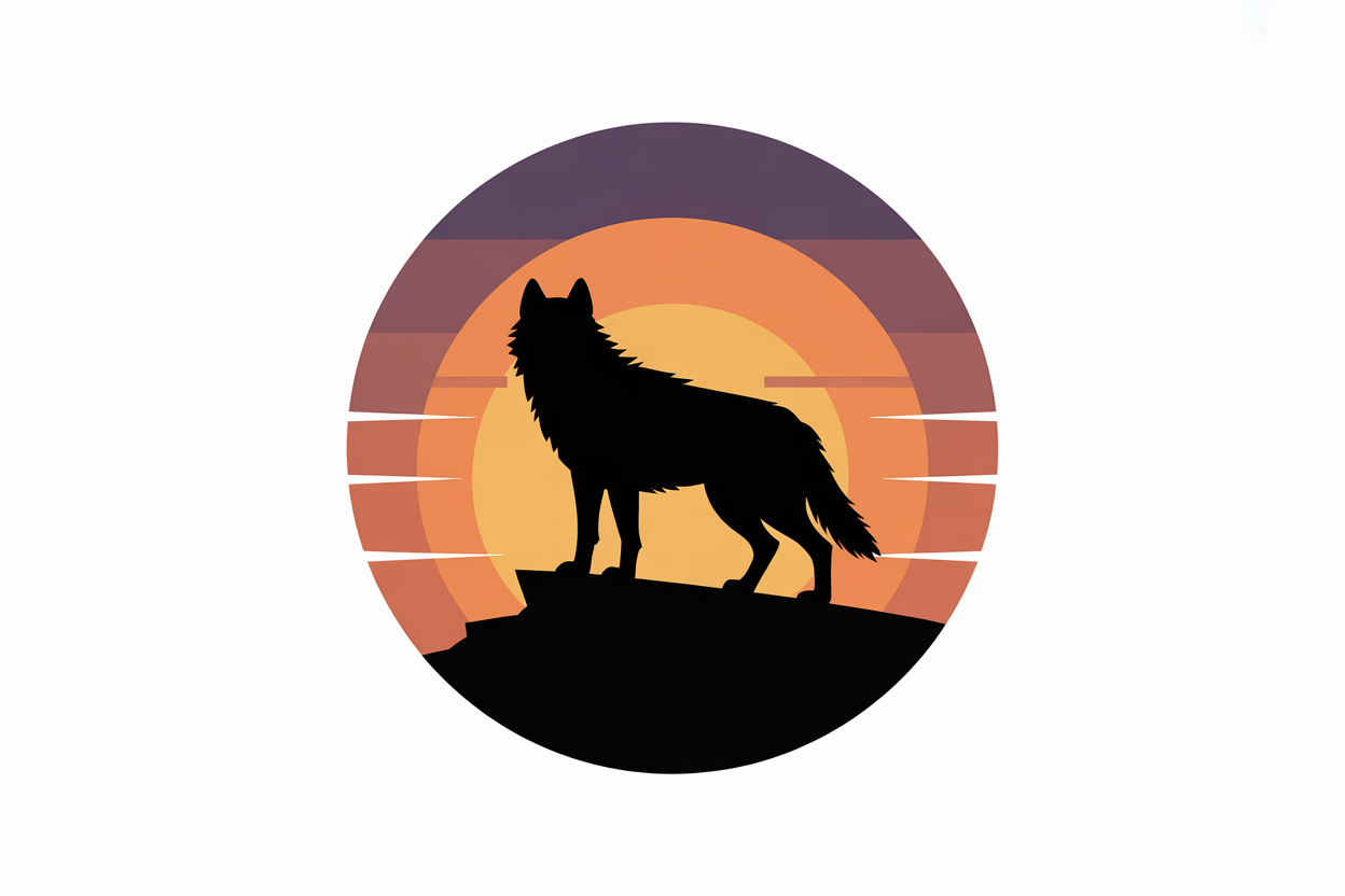 Flat vector illustration of a wolf silhouette at sunset
