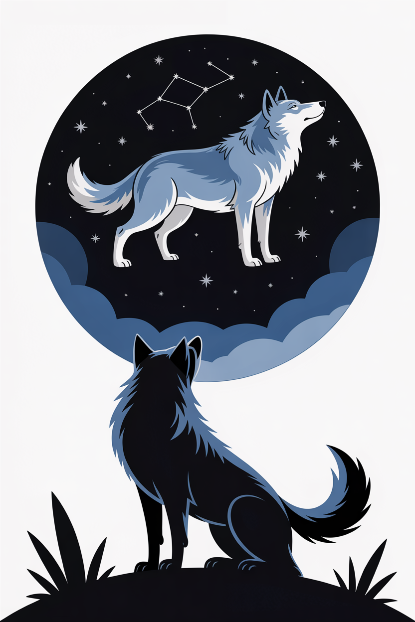 Flat vector illustration of a wolf looking at a star constellation