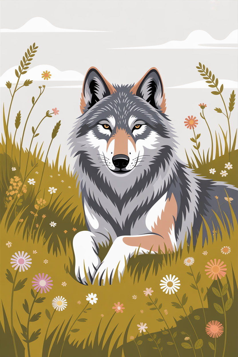 Flat vector illustration of a wolf in a summer meadow