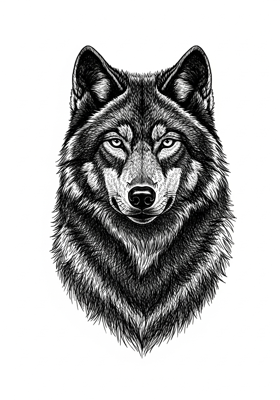 Line art illustration of a black wolf