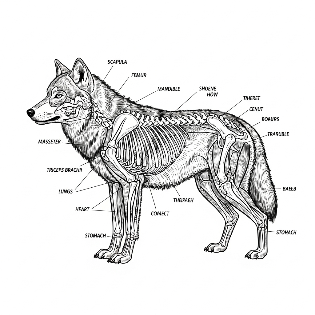 Line art illustration of wolf anatomy